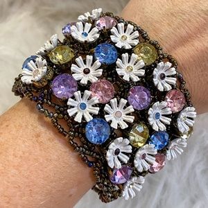 NWT Betsey Johnson Oversized Beaded Flower Stretch Cuff Bracelet Boho Chic